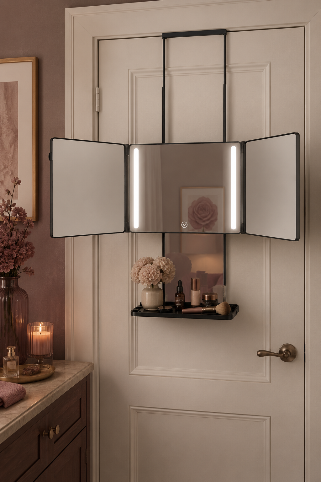 Three-way lighted mirror with shelf hanging over a bathroom door for grooming and styling.
