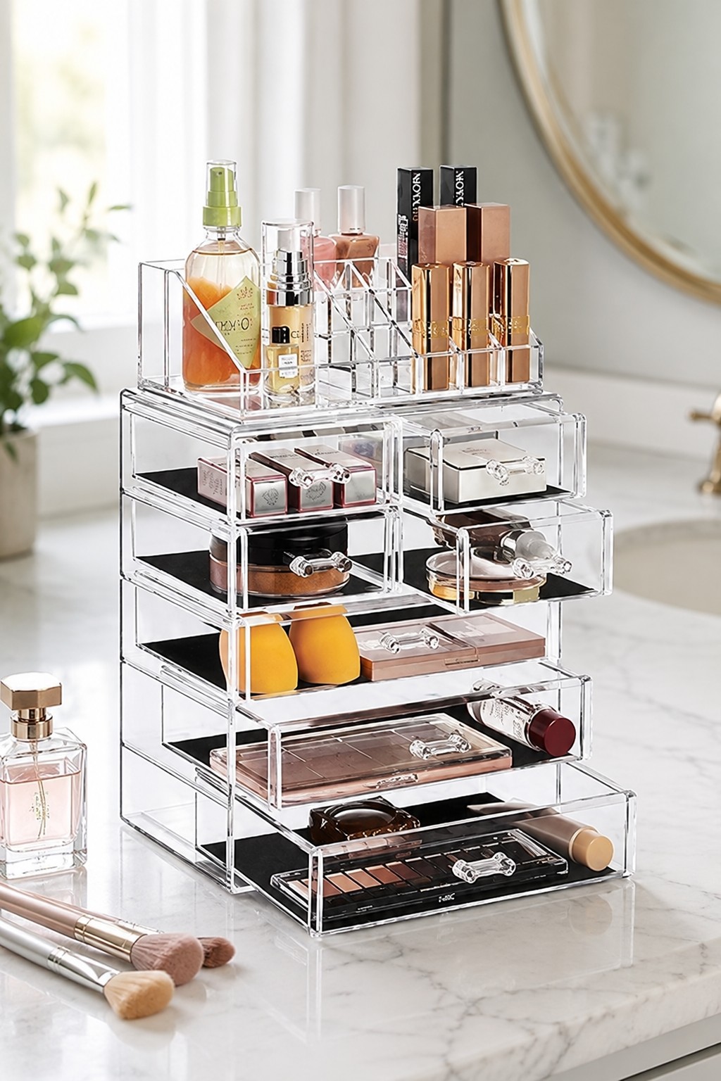 Clear acrylic makeup organizer with drawers for vanity and bathroom counter storage