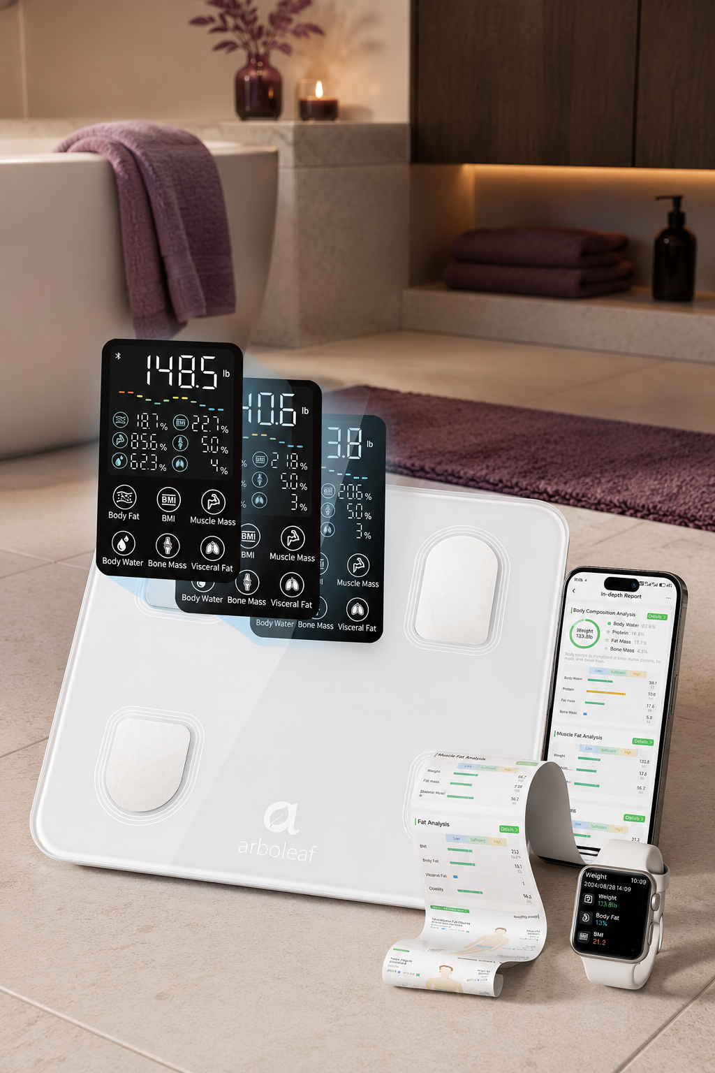 White arboleaf smart scale with handle and body composition display in a modern bathroom.
