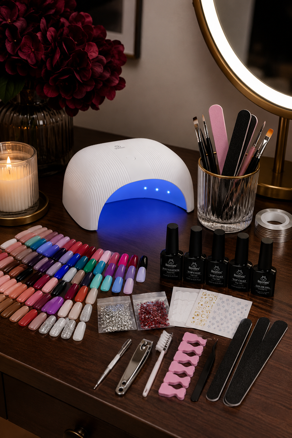 Beetles gel nail polish kit with UV light, nail colors and manicure tools arranged on a dark wood vanity.