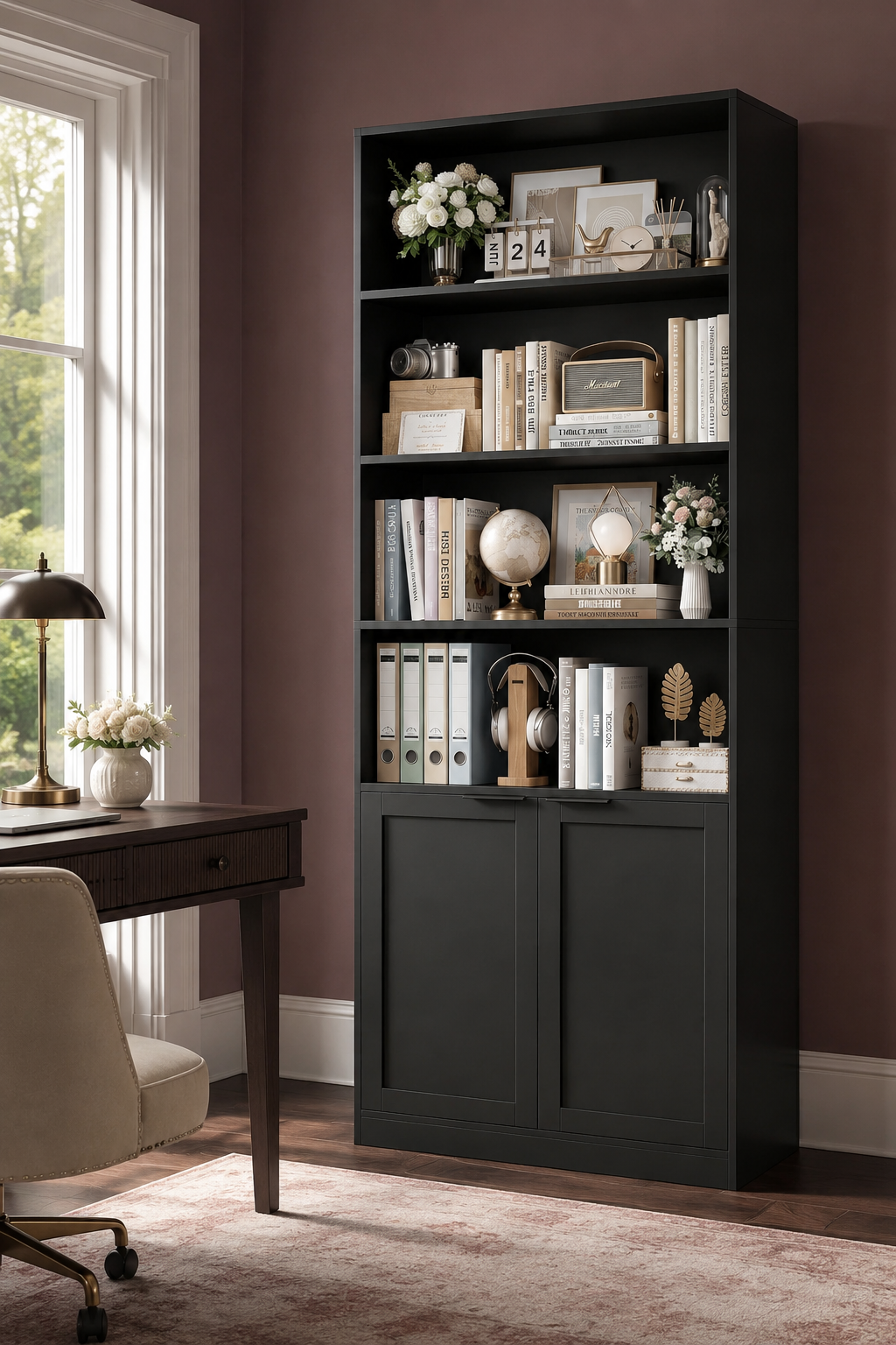 Tall black home office bookcase with open shelving and lower cabinet doors styled beside a desk.