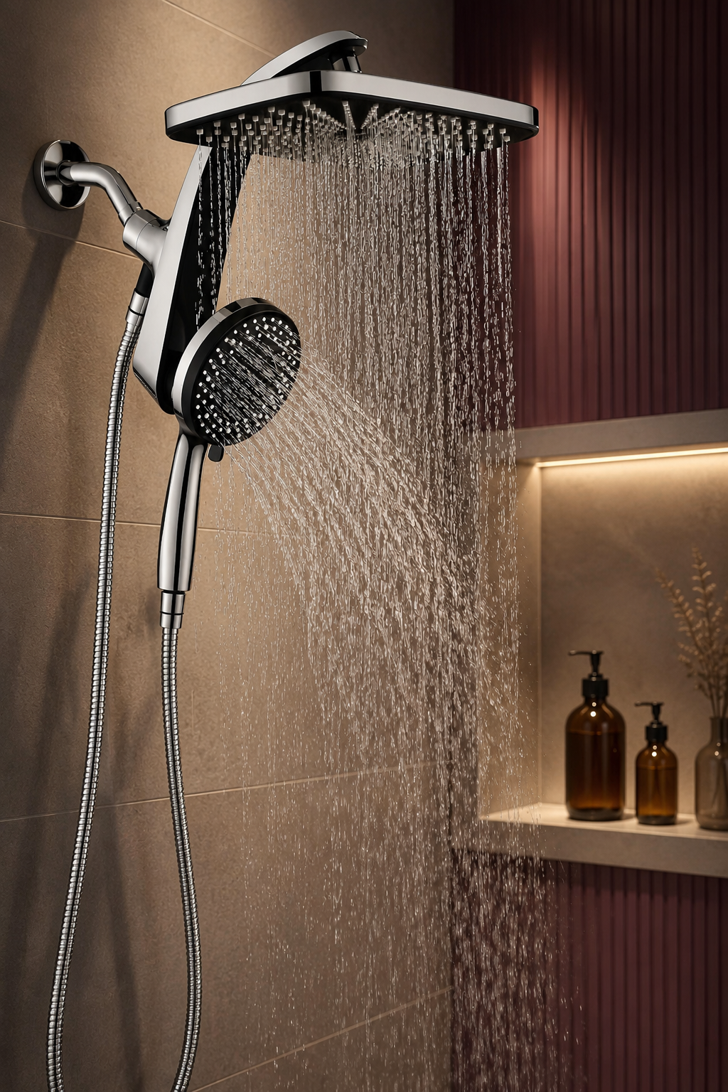 Chrome BOZYBO rain shower head with handheld sprayer installed in a warm modern shower.