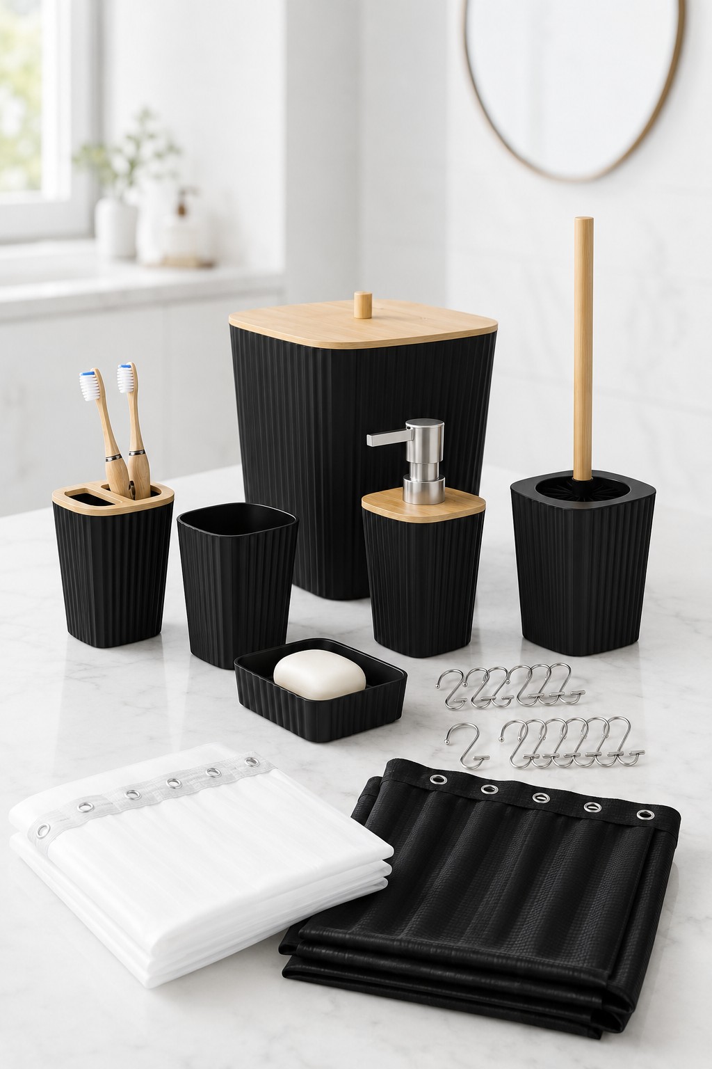 Coordinated bathroom accessories for a bathroom counter
