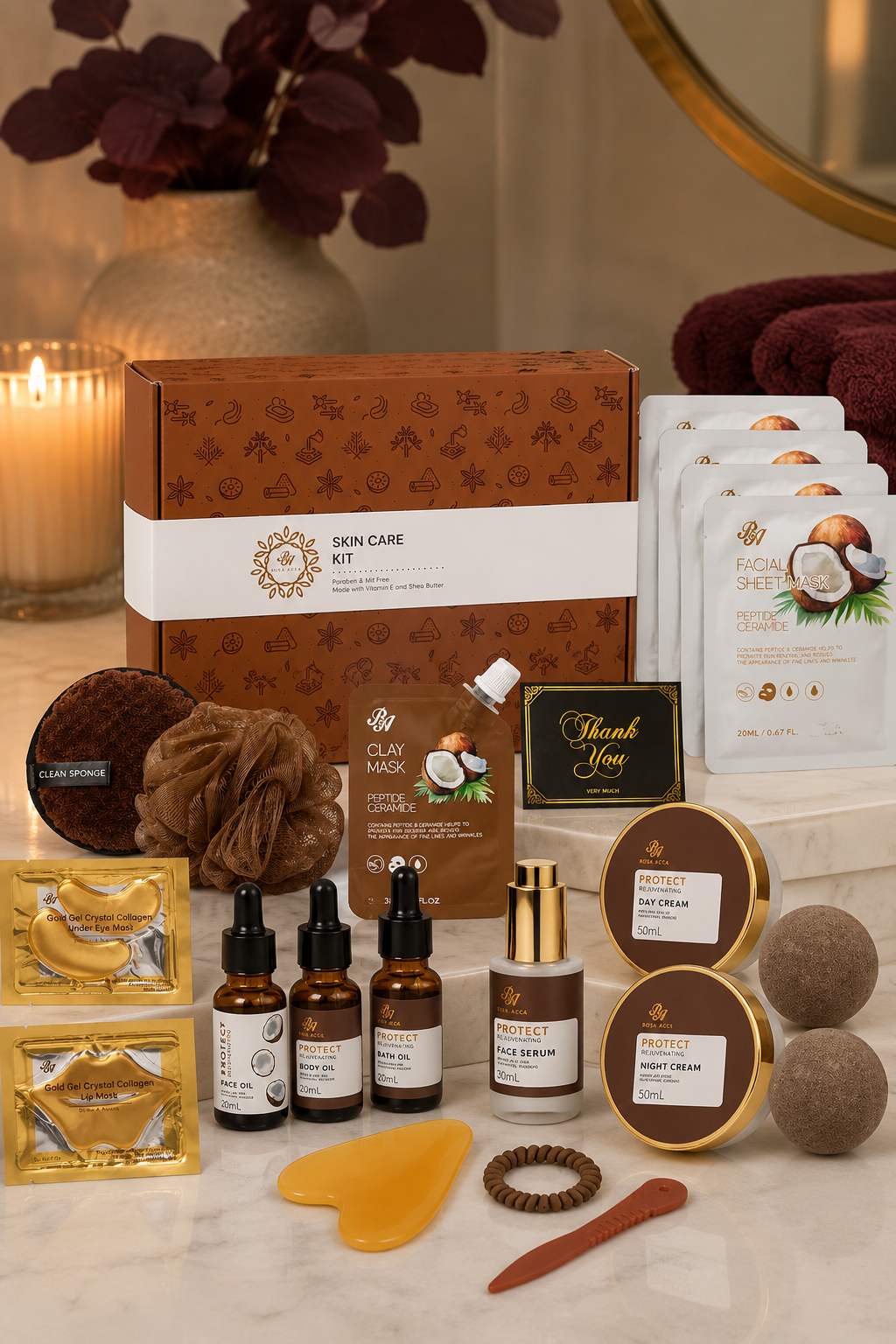 Coconut 23-piece facial skin care kit with masks, facial oils, creams, serum, and skincare tools.