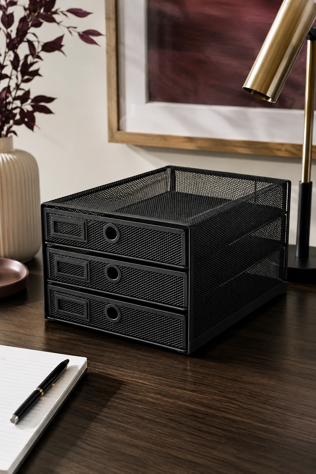 Black 3-tier mesh paper sorter with three pull-out drawers on a home office desk.