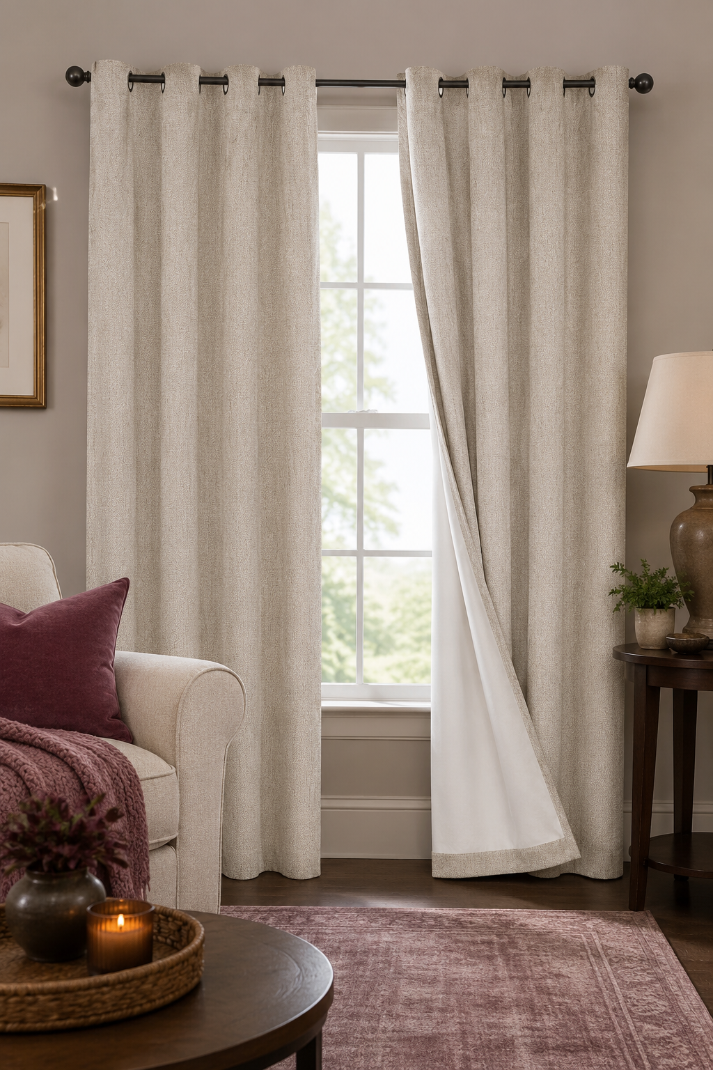 H.VERSAILTEX linen blackout curtains framing a bright window in a warm, cozy living room.