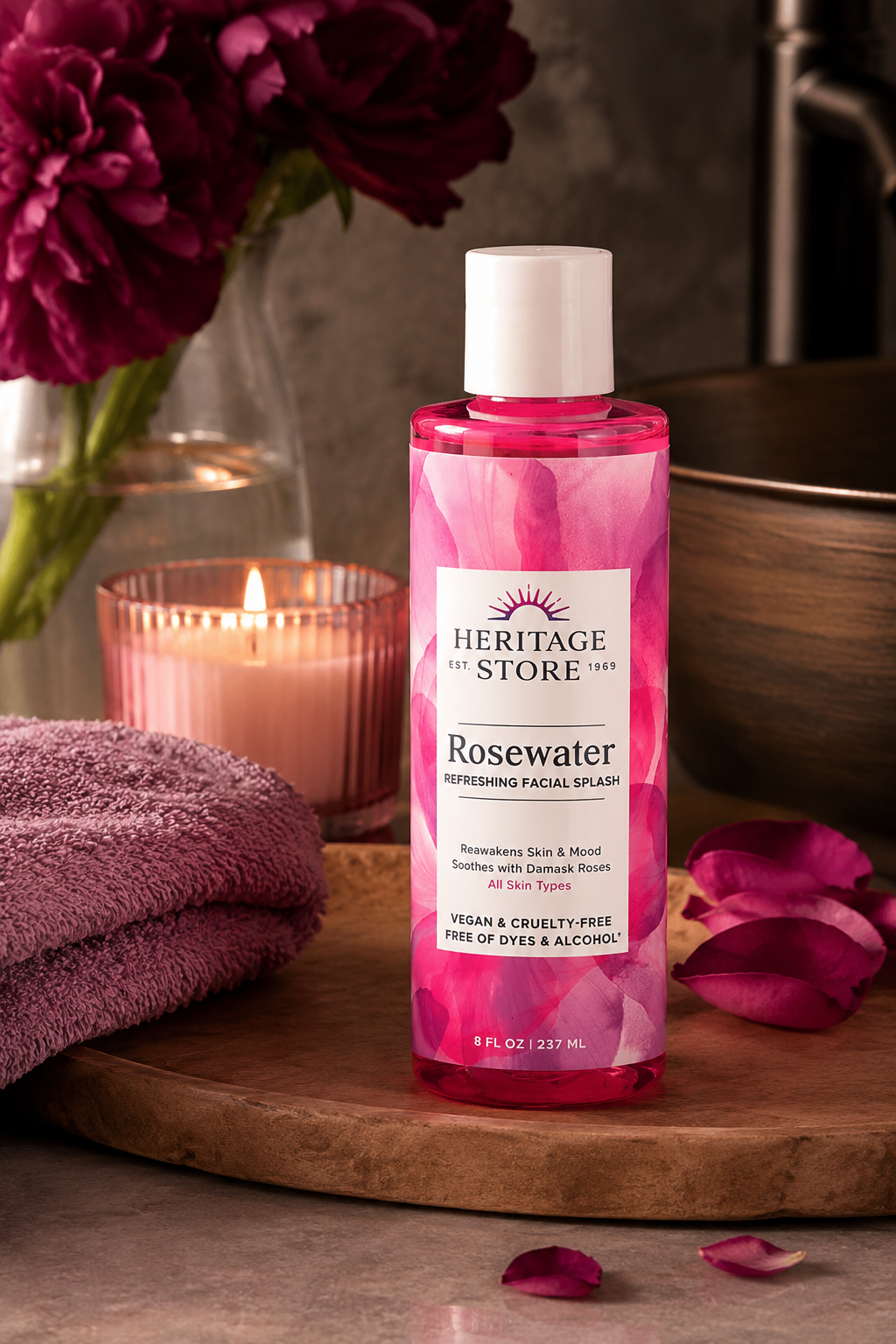 Heritage Store Rosewater Refreshing Facial Splash styled with towels, candlelight, and rose accents.