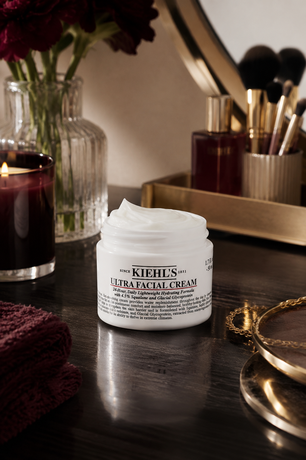 Kiehl’s Ultra Facial Cream open on a dark vanity with plum flowers, candlelight, mirror, and beauty accessories.