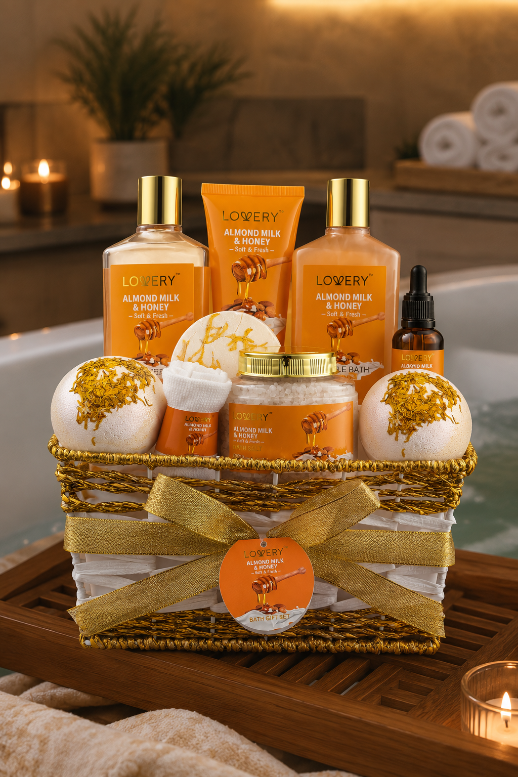 Almond Milk & Honey 10-piece bath and body gift set arranged in a decorative basket.