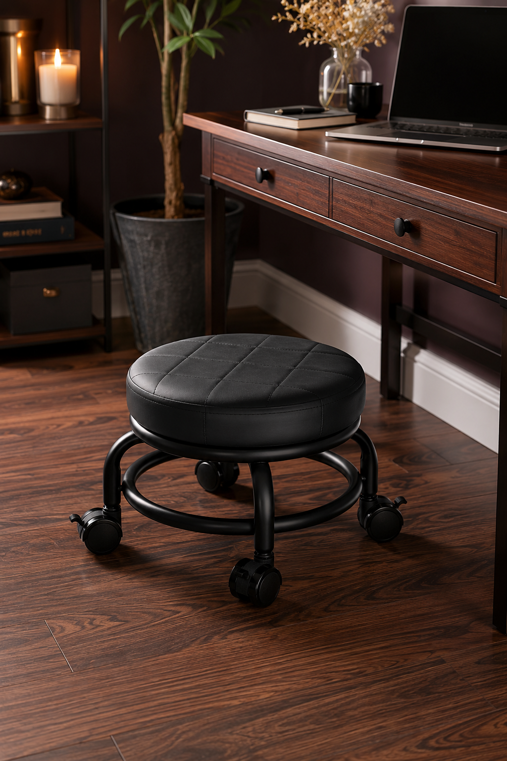 Black low rolling office stool with cushioned round seat, circular base, and caster wheels