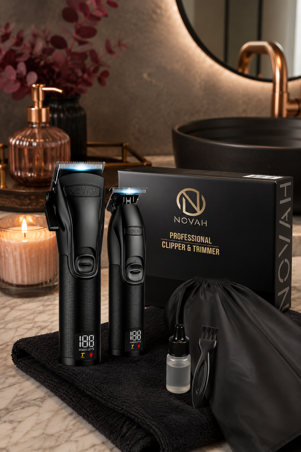 Novah professional hair clippers and trimmer set displayed in an elevated at-home grooming space.