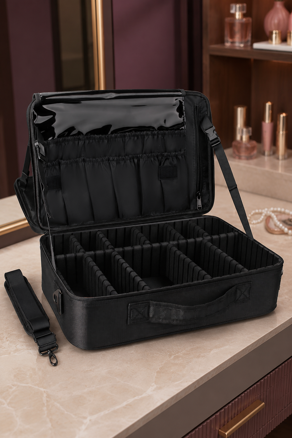 Open Relavel large makeup case with adjustable dividers and brush storage compartments on a vanity.