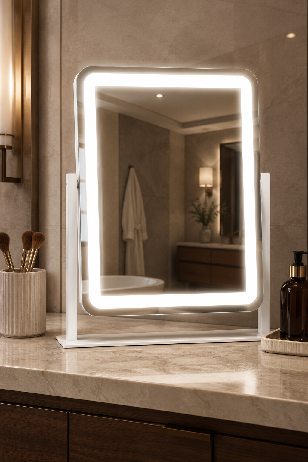 White ROLOVE vanity mirror with bright LED lighting on a warm modern bathroom counter.