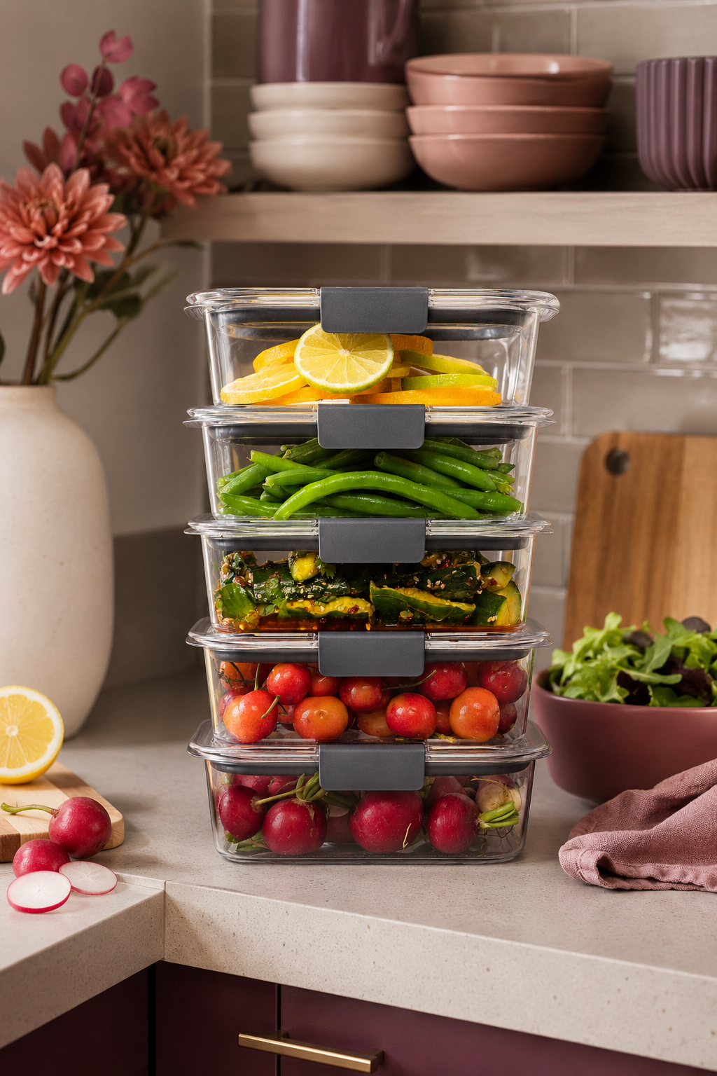 Clear Rubbermaid Brilliance food storage containers stacked with produce and prepared vegetables on a kitchen counter.