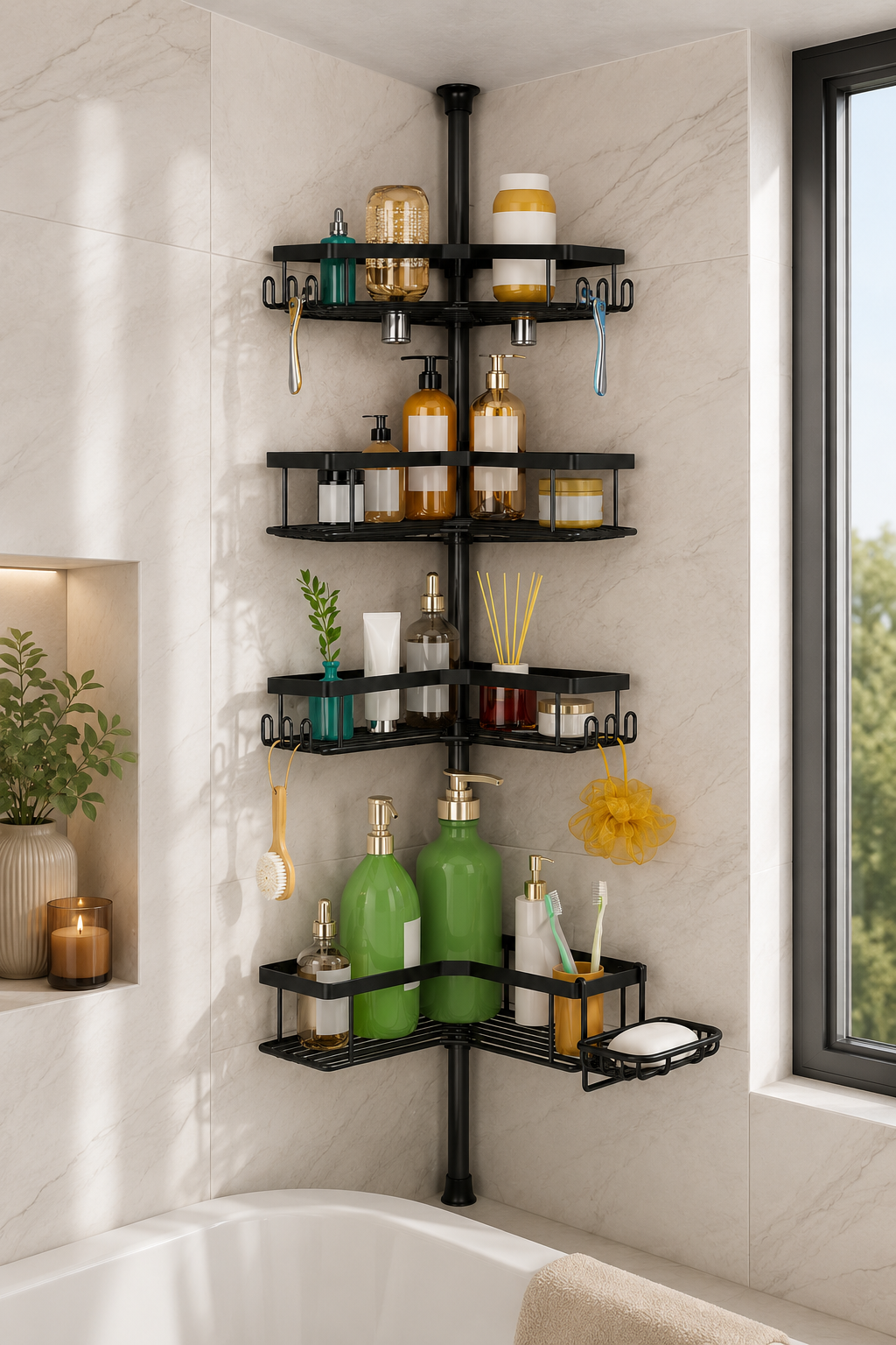 Black 4-tier tension pole shower caddy organized with bath products in a bright bathroom corner.