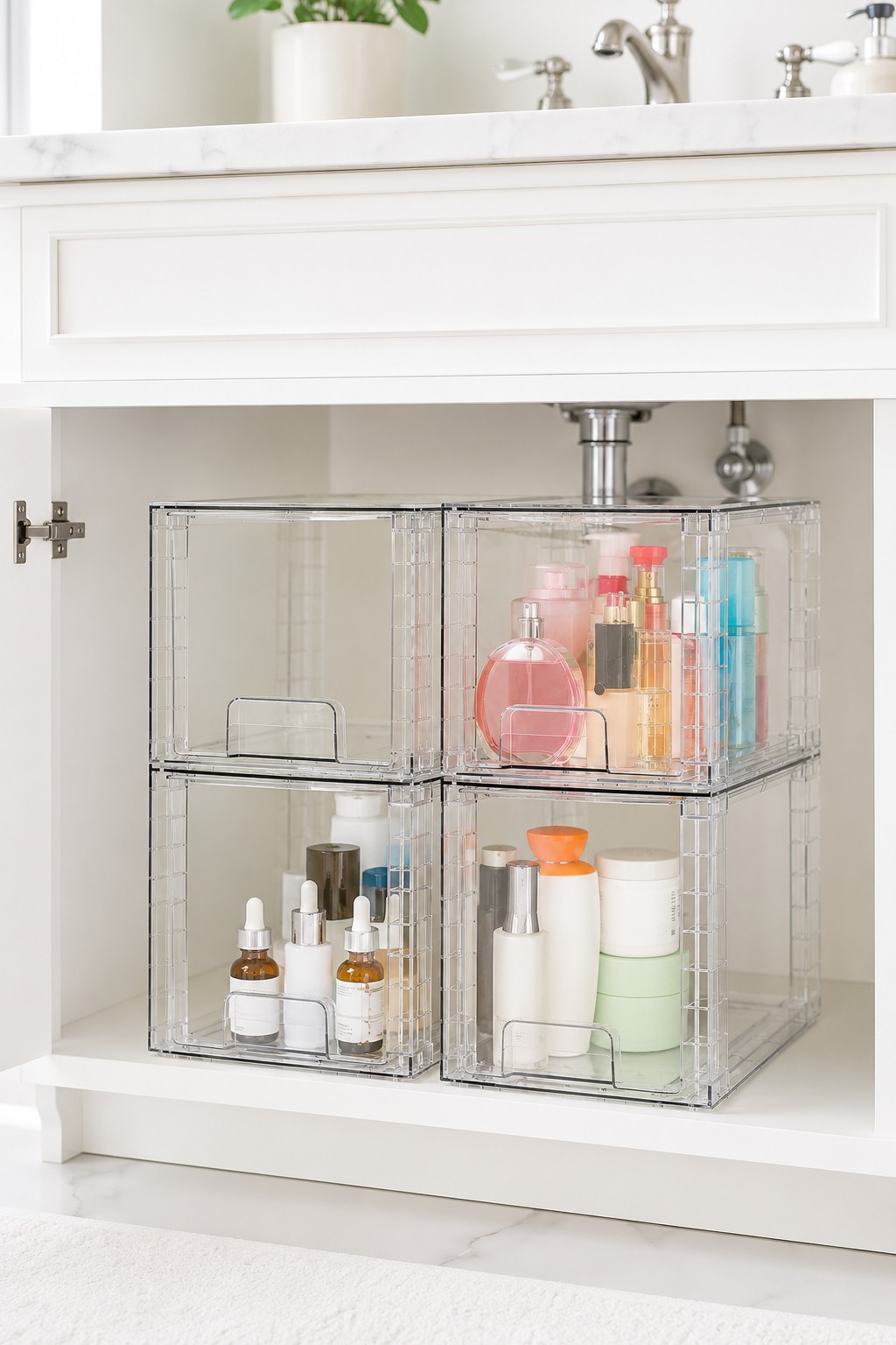Clear stackable acrylic drawers for bathroom cabinet and vanity storage
