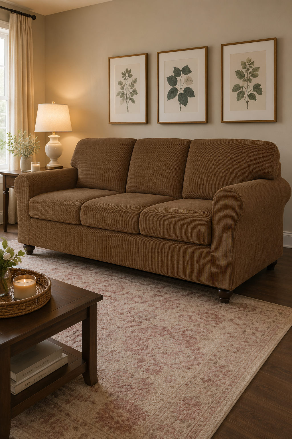 Brown SUBRTEX stretch sofa slipcover set fitted over a three-seat sofa in a warm, cozy living room with rose-toned rug and wood accents.