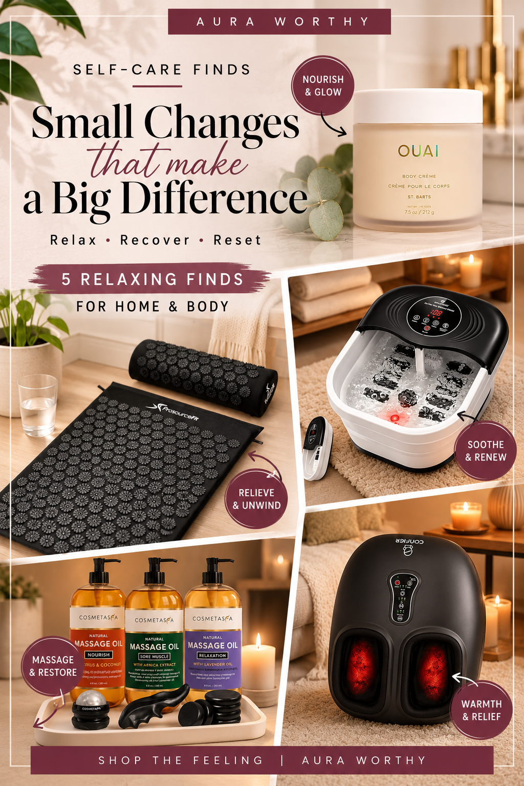 Collage of five at-home spa essentials, including an acupressure mat, body cream, heated foot spa, massage oil set, and shiatsu foot massager.The headline, imagery, title, board, and description follow one clear search path from at-home spa essentials to a self-care product guide.