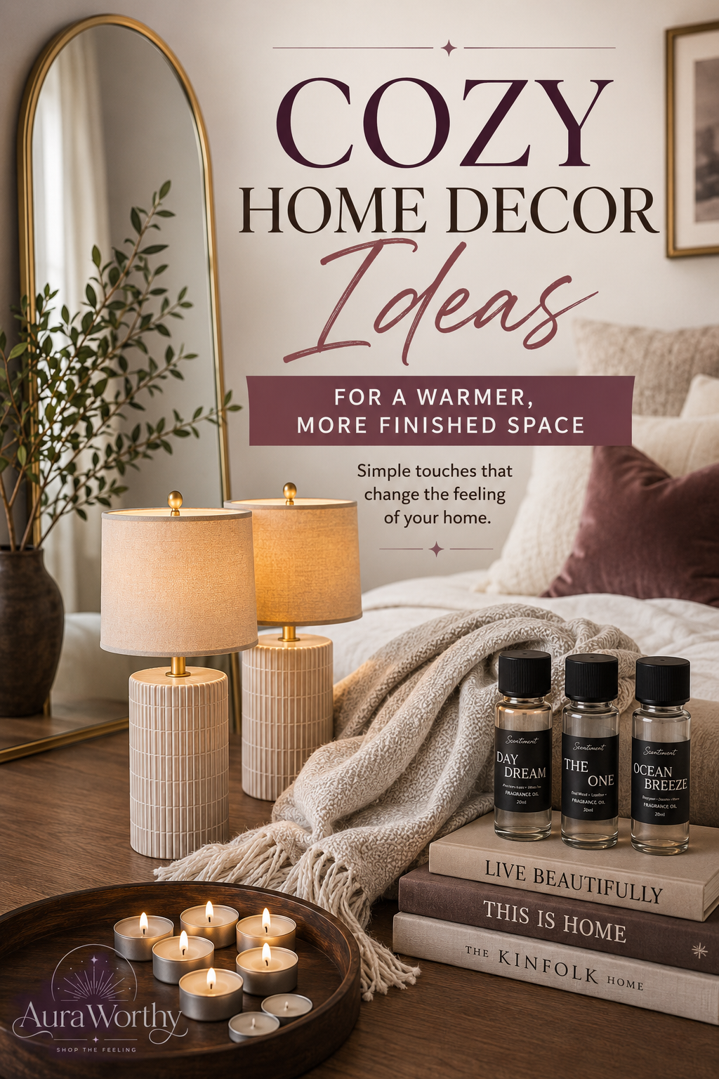 Cozy bedroom with warm lamps, layered neutral textiles, candles, a gold mirror, and decorative accents