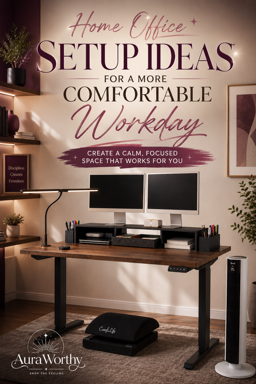 Home office setup ideas featuring a standing desk, dual monitor riser, memory foam foot rest, tower fan, and LED desk lamp in a comfortable workspace