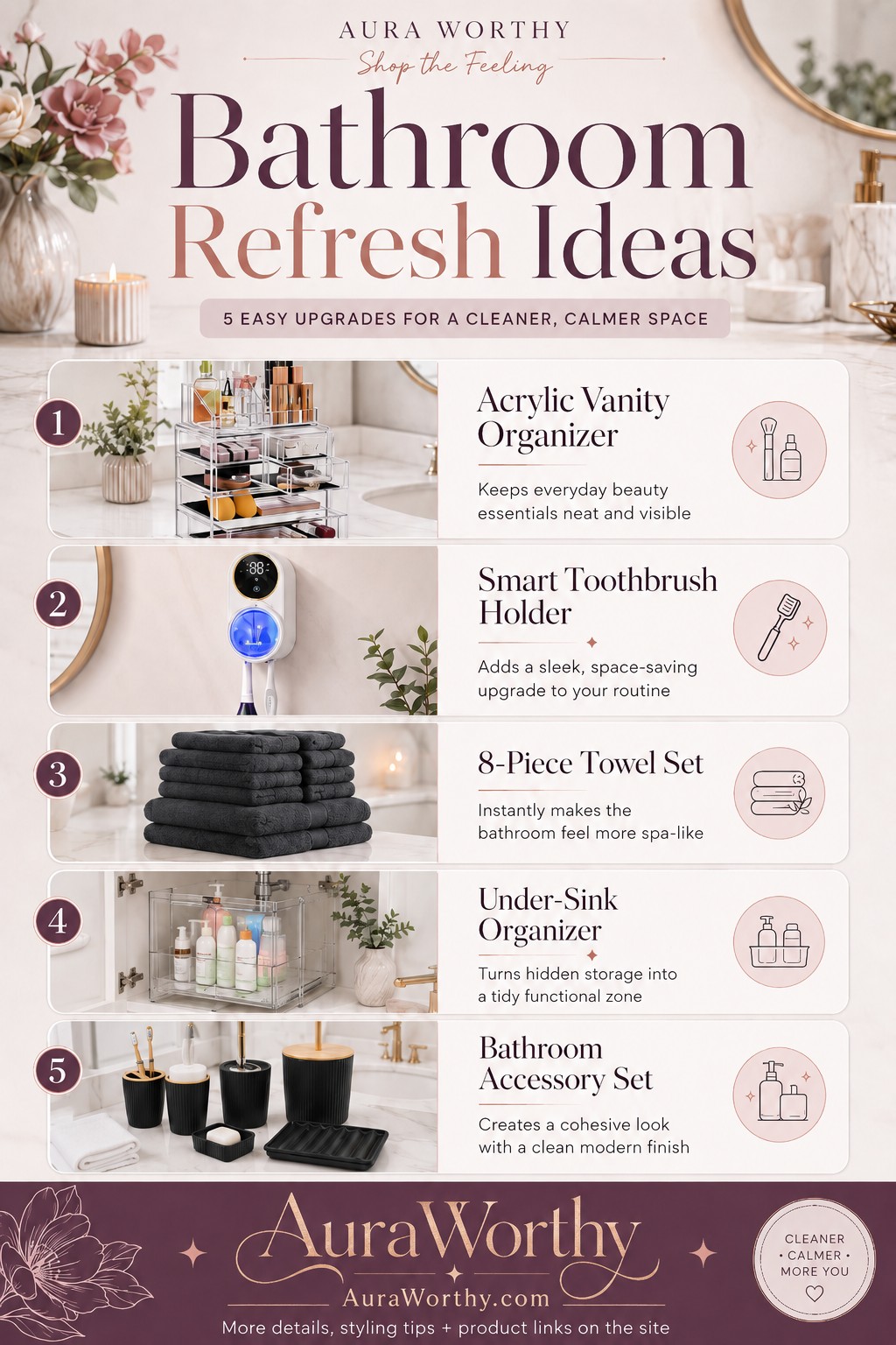 Coordinated bathroom accessories for a cleaner bathroom counter refresh